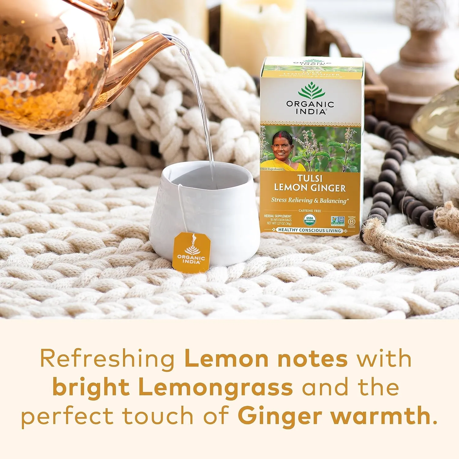 Organic India Tulsi Lemon Ginger Herbal Tea - Stress Relieving & Reviving, Immune Support, Aids Digestion, Vegan, USDA Certified Organic, Non-GMO, Caffeine-Free - 18 Infusion Bags, 3 Pack