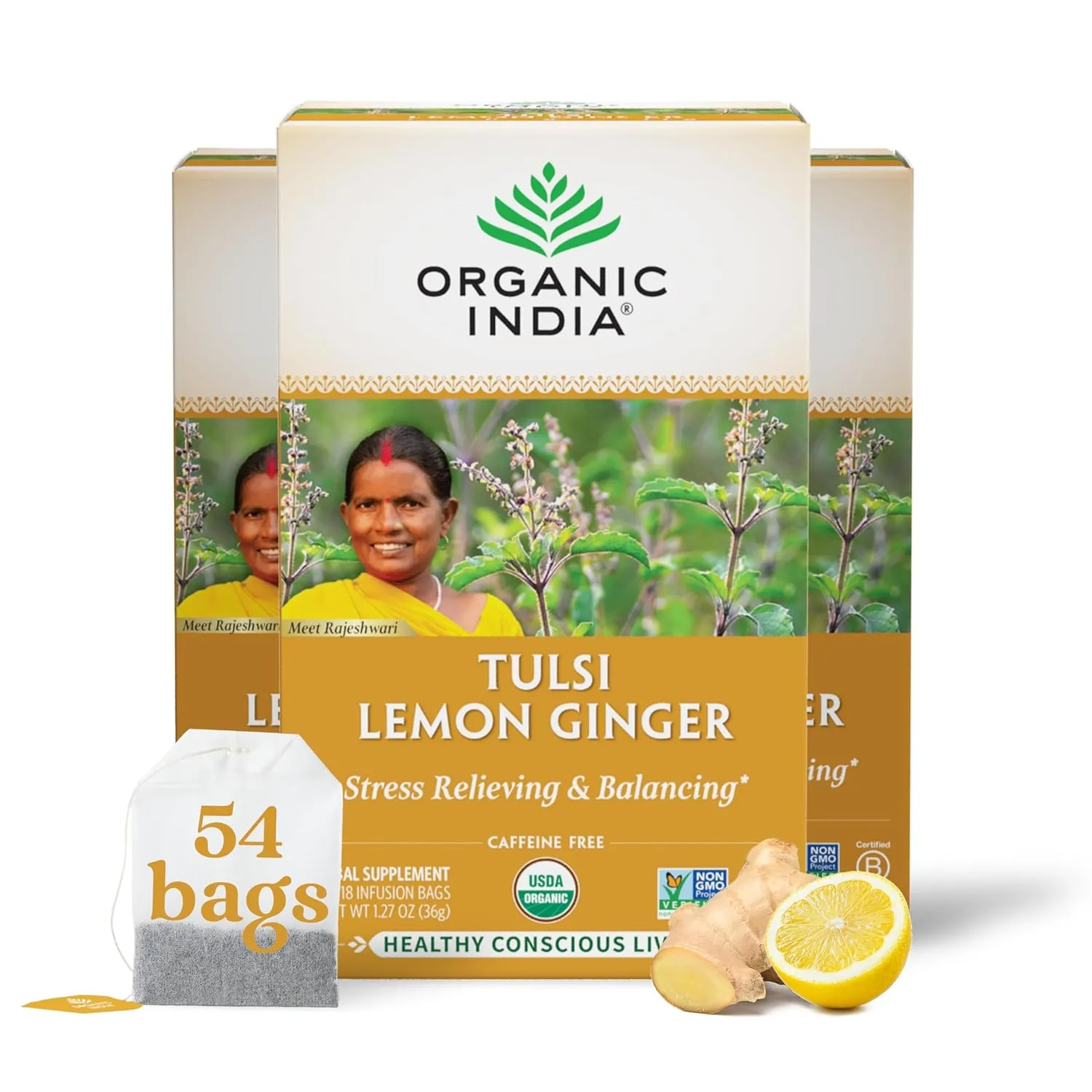 Organic India Tulsi Lemon Ginger Herbal Tea - Stress Relieving & Reviving, Immune Support, Aids Digestion, Vegan, USDA Certified Organic, Non-GMO, Caffeine-Free - 18 Infusion Bags, 3 Pack