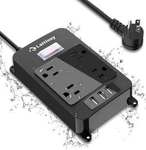 Outdoor Power Strip Weatherproof with 4 Outlets, Outdoor Surge Protector Waterproof, 3 USB Ports, 6 FT Extension Cord, Electric Shockproof, Plug Extender Wall Mount for Bathroom Kitchen Patio,Black