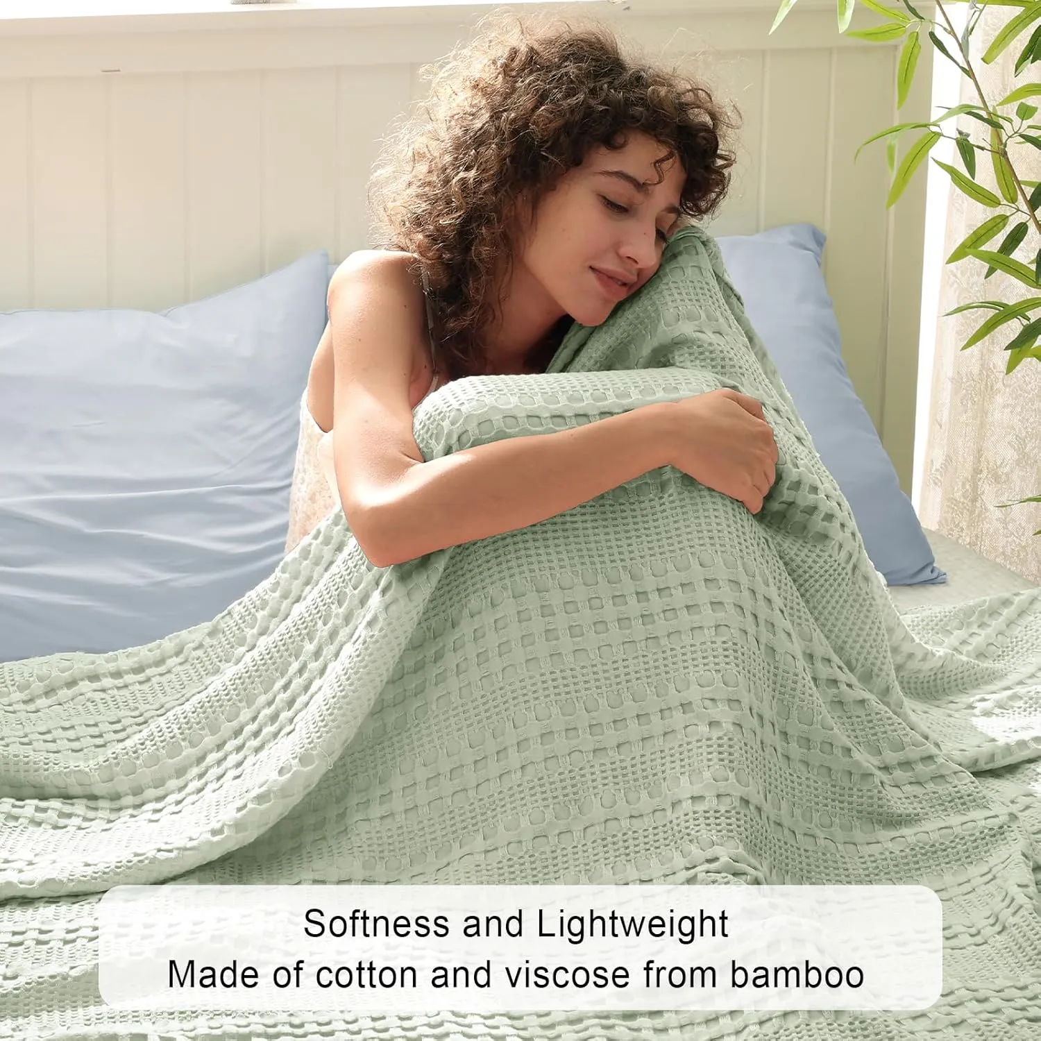 PHF Cooling Waffle Blanket Queen Size, Lightweight 60% Rayon Derived from Bamboo & 40% Cotton Breathable Blanket for Hot Sleepers, Soft and Luxury for Bed Couch and Sofa, 90"x90", Mint