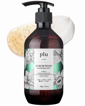 PLU Scrub Body Wash Raspberry Mint – Korean Exfoliating Body Cleanser - Hydrating, Nourishing, Radiant Glow Skin - Sweet & Fresh Berries and Mint Scent - Hypoallergenic, 16.9 fl.oz.