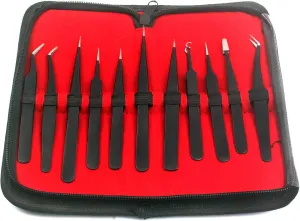 Precision Tweezers Set, 11 Pcs Anti-Static ESD Safe Long Stainless Steel Tweezers for Electronics Soldering, Watch, Jewelry, Hobby Crafts, Eyelash Extensions, Ingrown Hair - with Case