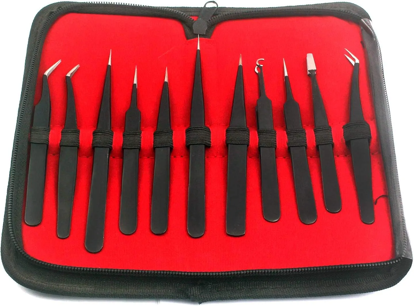 Precision Tweezers Set, 11 Pcs Anti-Static ESD Safe Long Stainless Steel Tweezers for Electronics Soldering, Watch, Jewelry, Hobby Crafts, Eyelash Extensions, Ingrown Hair - with Case