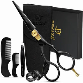 Premium Black 5.5" Hair Cutting Scissors with Tweezers, Beard Comb and Mustache Comb - Professionally Sharpened for Precision Trimming, Mustache Scissors, Beard Shears - Grooming scissors men