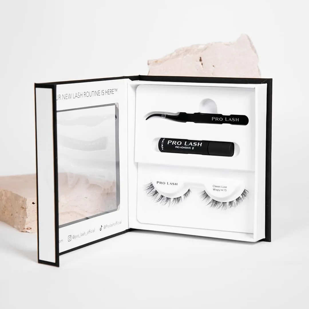 Pro Lash Save Mini Kit | DIY 10 Day Professional Lash Extension With 1 Set of Lashes, Tweezers, and Pro Lock Adhesive (Classic Luxe Wispy No.15)