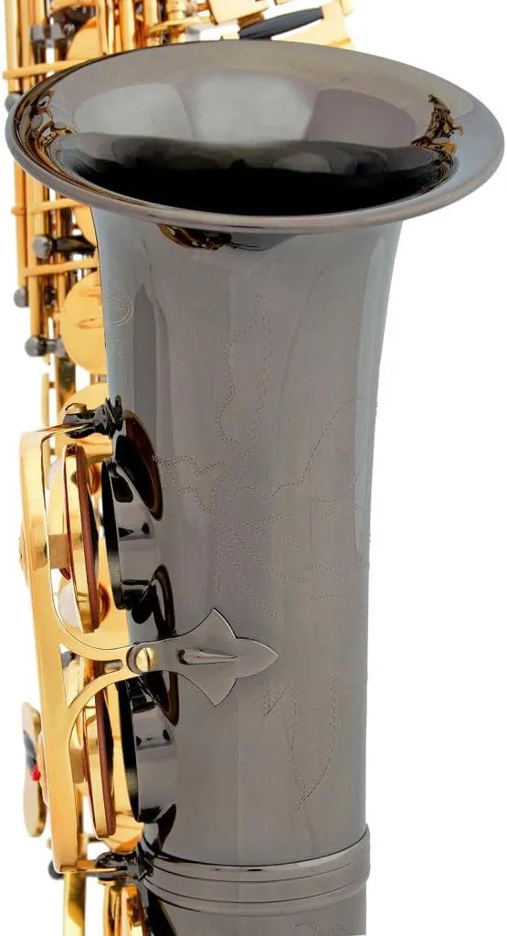 Professional Black Nickel Body Gold Keys E-flat Eb Alto Saxophone Sax with 11 Reeds, Case, Music Book, Mouthpiece and Many Extras, 360-BN