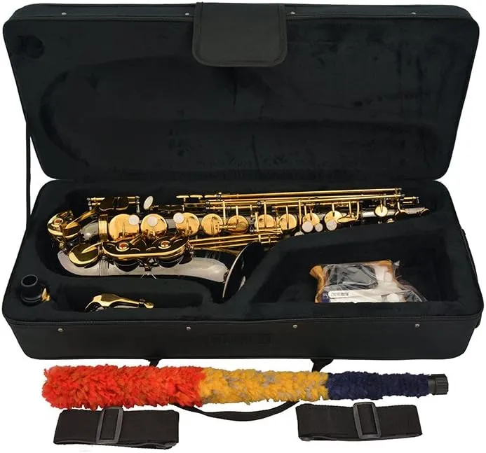 Professional Black Nickel Body Gold Keys E-flat Eb Alto Saxophone Sax with 11 Reeds, Case, Music Book, Mouthpiece and Many Extras, 360-BN