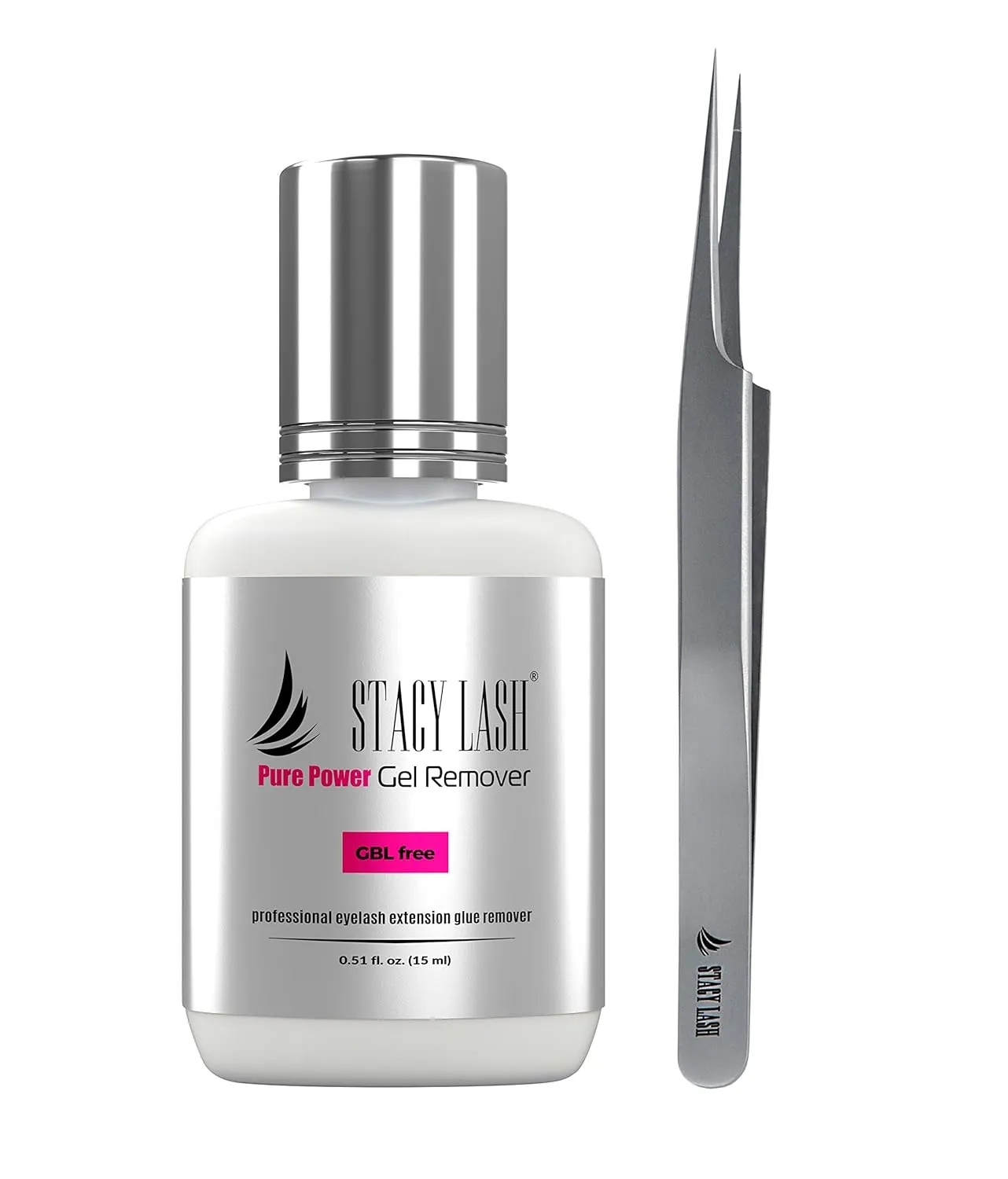 Pure Gel Remover 15ml & Stacy Lash STL-3 Isolation F-Shaped Tweezers/GBL Free/Fast Lash Adhesive Dissolution time - 60 Sec/Precision Stainless Steel Tool/Straight Tips/Professional Supplies