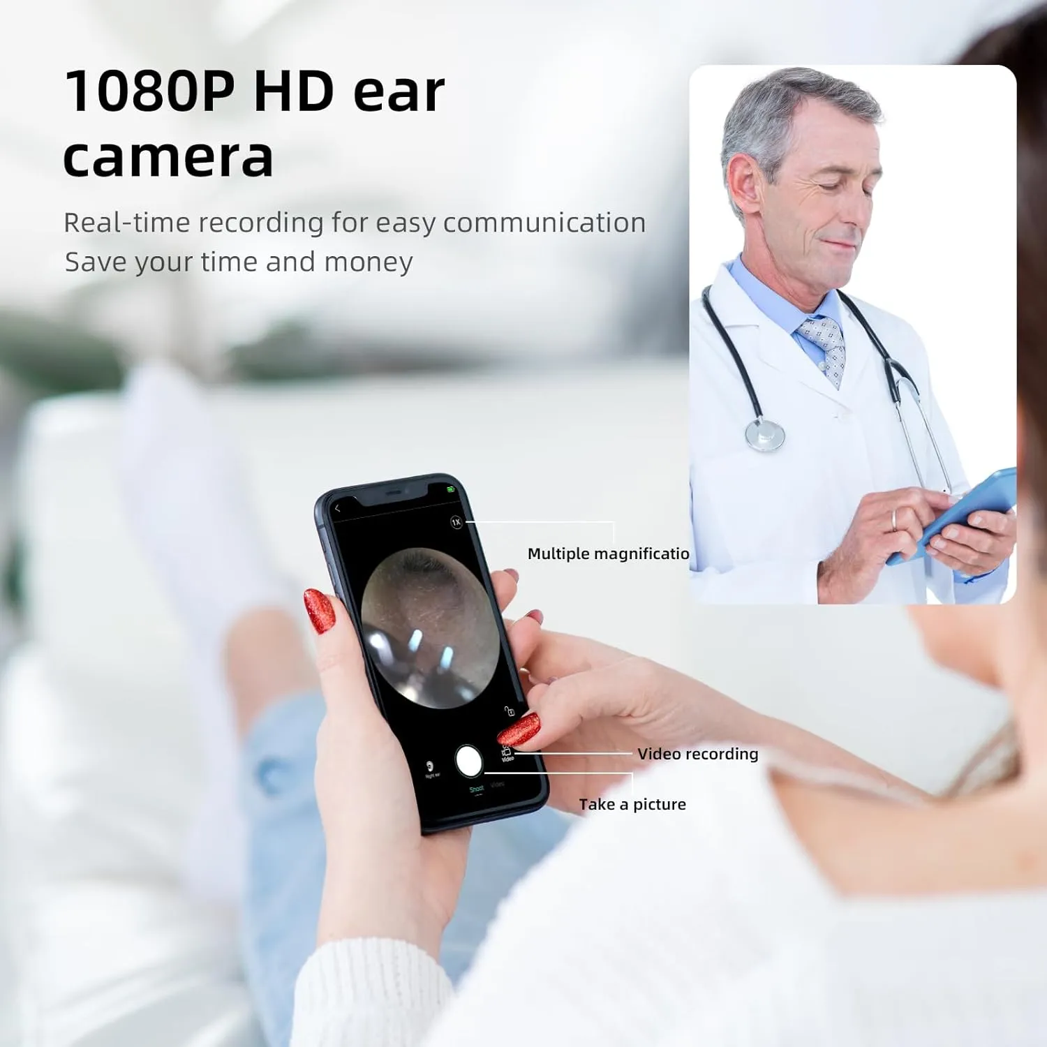 Qimic Ear Camera with Tweezers - Ear Cleaner with Camera,1080P HD Earwax Removal Tool with Light, IP67 Ear Cleaning Kit with 6 Ear Spoon, Ear Camera Otoscope for iPhone, Android