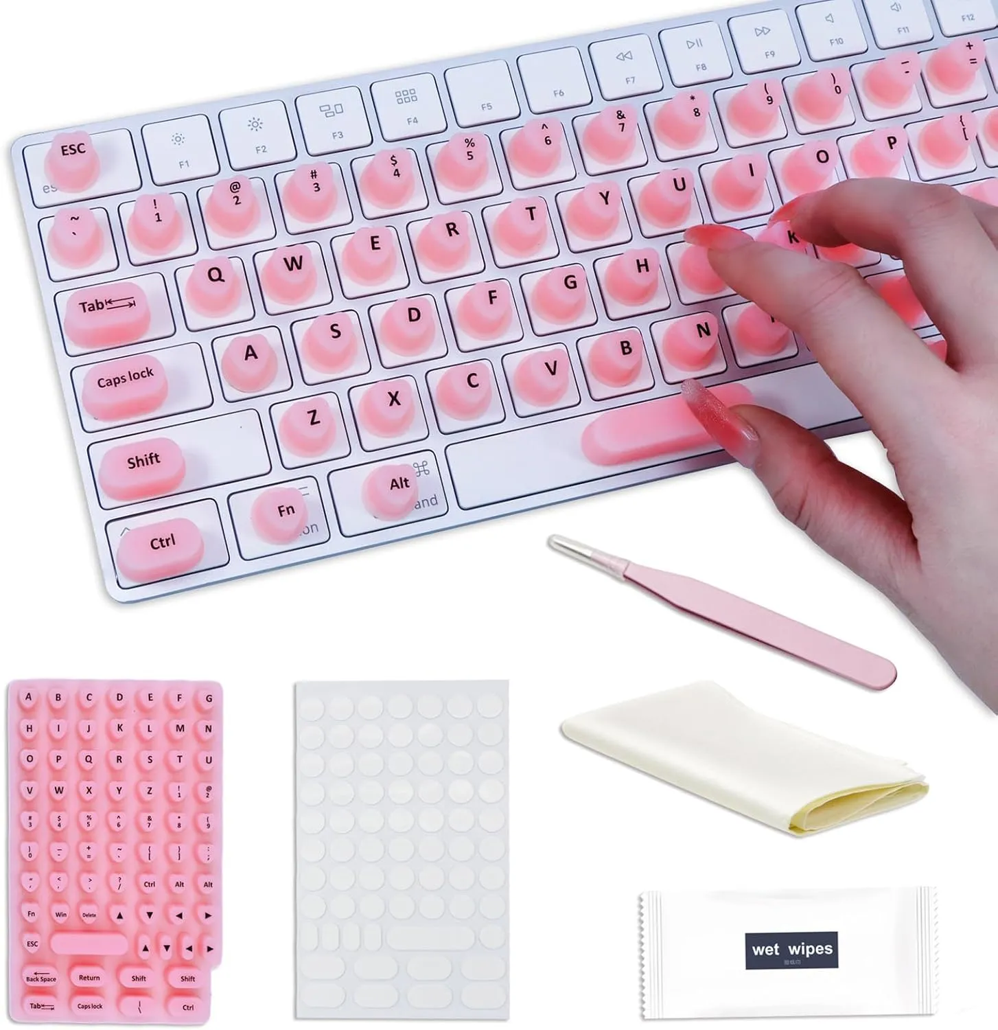 Raised Keyboard Stickers for Long Nails with Letters - Heart-Shaped Antistatic Silicone Protective Cover with Tweezers, Wet Wipes, Dry Towel & Jelly Glue, Ideal for Typing, Gaming & Nail Art (70 Pcs)