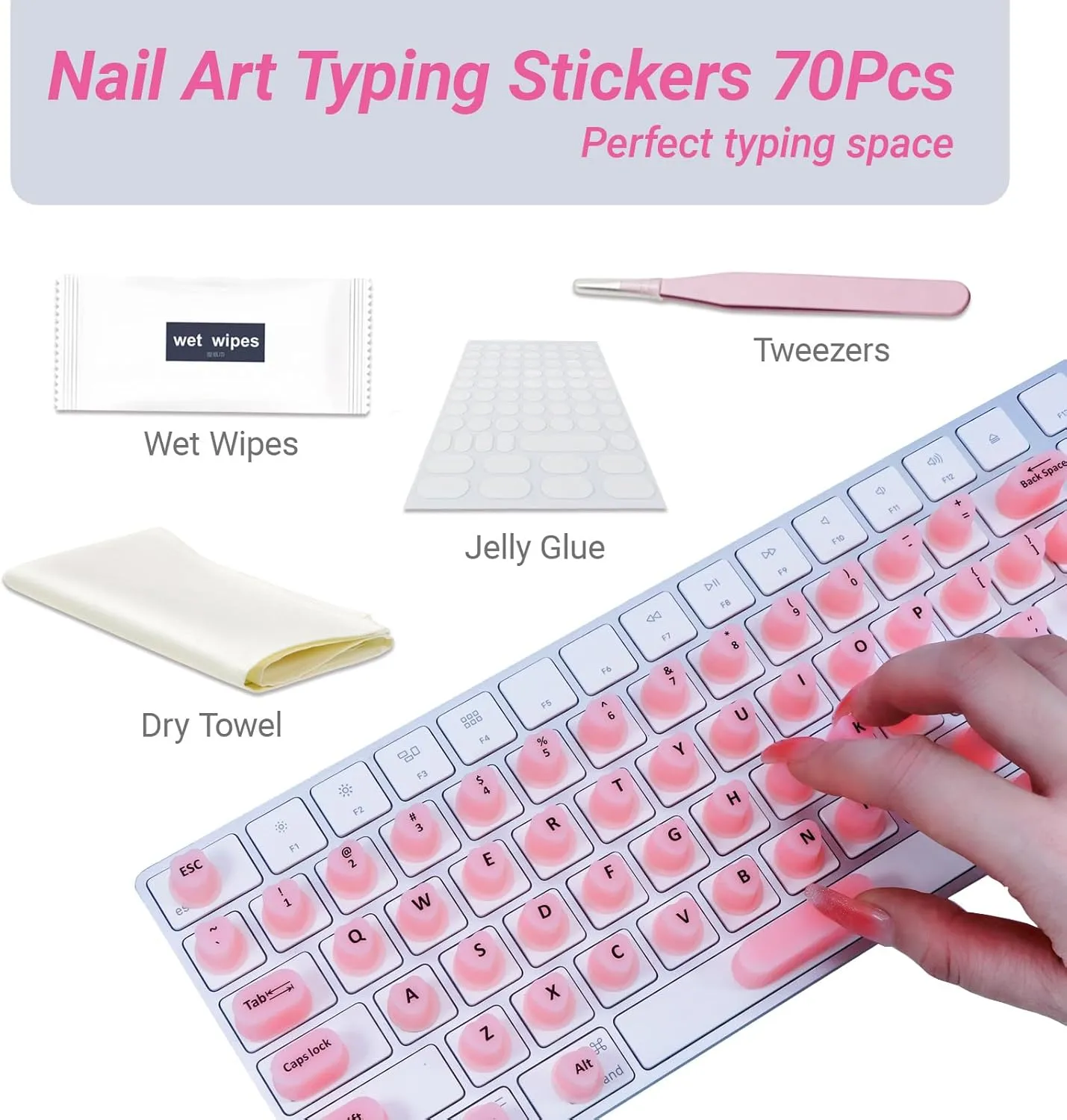 Raised Keyboard Stickers for Long Nails with Letters - Heart-Shaped Antistatic Silicone Protective Cover with Tweezers, Wet Wipes, Dry Towel & Jelly Glue, Ideal for Typing, Gaming & Nail Art (70 Pcs)