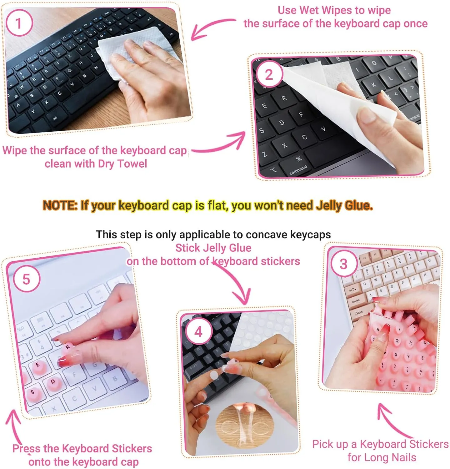 Raised Keyboard Stickers for Long Nails with Letters - Heart-Shaped Antistatic Silicone Protective Cover with Tweezers, Wet Wipes, Dry Towel & Jelly Glue, Ideal for Typing, Gaming & Nail Art (70 Pcs)