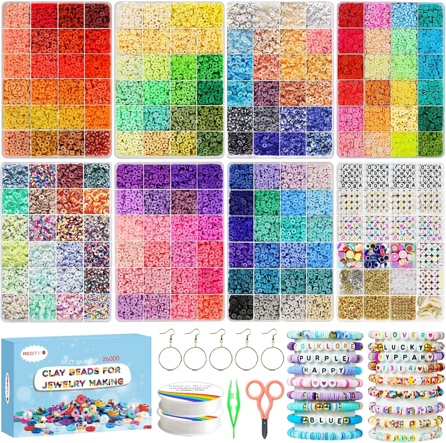 Redtwo 26000 Pcs Clay Beads Bracelet Making Kit, 168 Colors 8 Boxes Flat Polymer Clay Heishi Beads for Friendship Bracelet Jewelry Making Kit, with Charms Crafts Gifts for Teen Girls Kids Adults