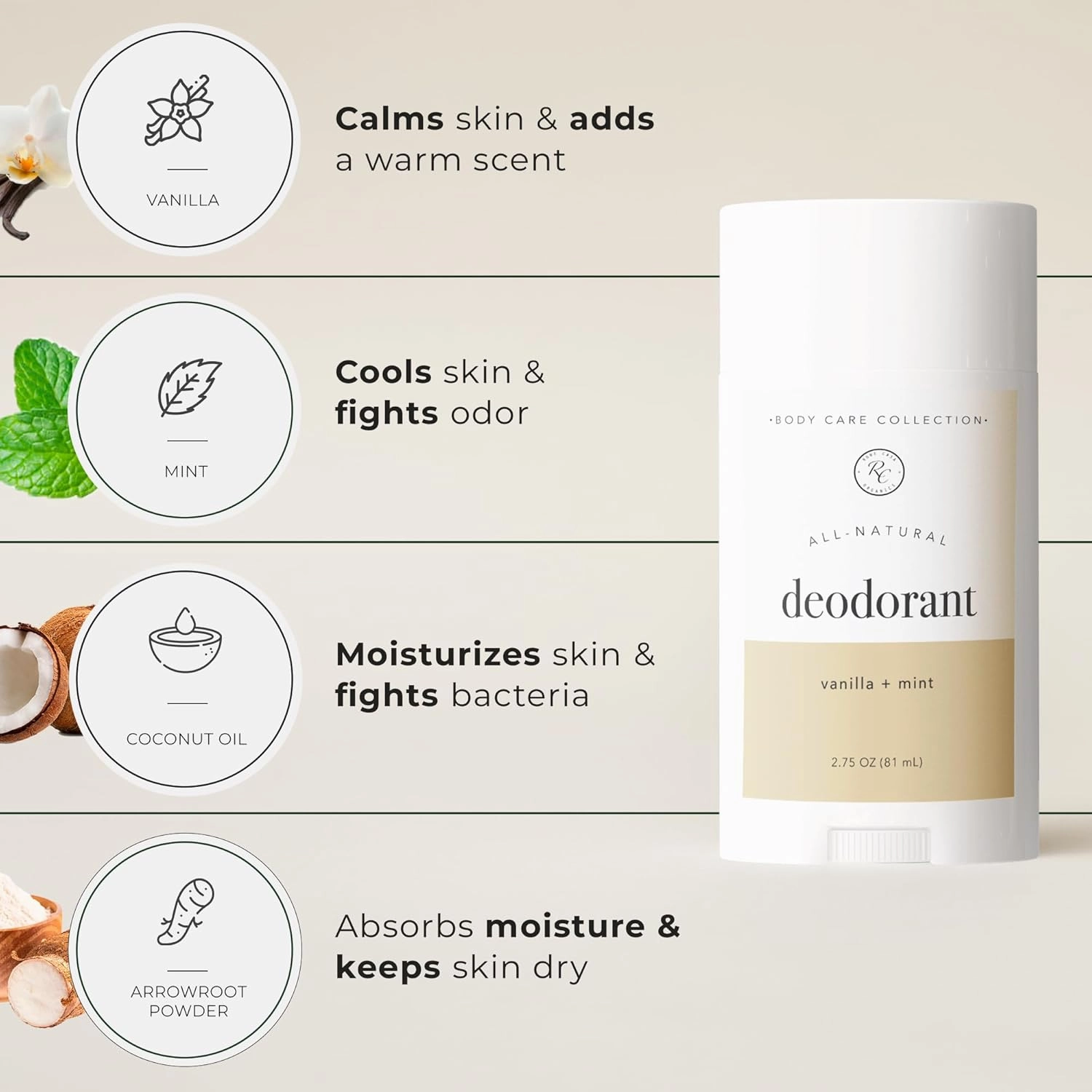 Rowe Casa Organics Vanilla   Mint Natural Deodorant for Men and Women, Sweet and Refreshing Paraben-Free Deodorant Stick with Therapeutic-Grade Essential Oils, 2 oz