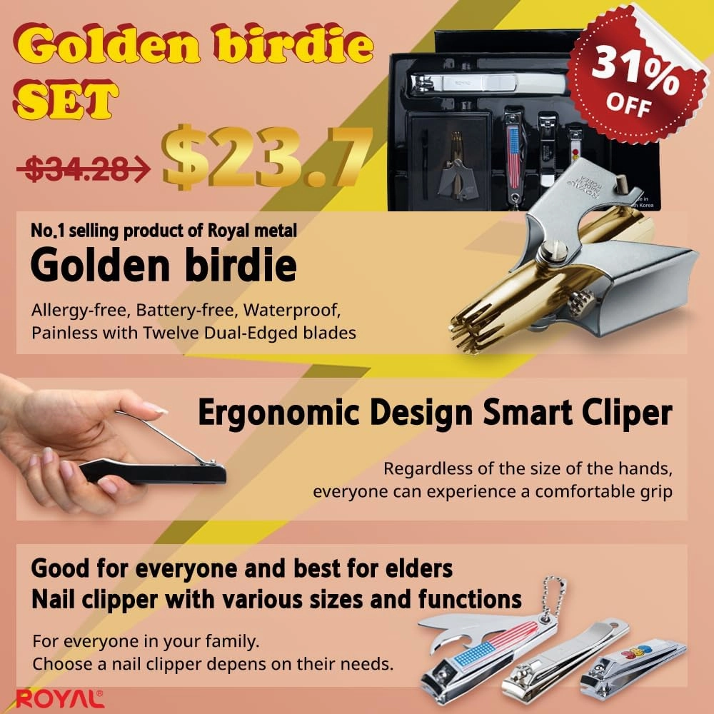 ROYAL [Made in Korea] NO Battery,5 Pcs Nose Hair Trimmer Set, Golden Birdie Value Pack,(Nose Hair Trimmer with 4 Nail Clippers) The Best Gift for Family, (Gold&Black)