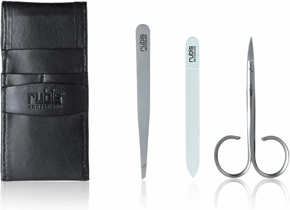 Rubis 3-Piece Manicure Set for Men and Women with Black Leather Case, Includes Tweezers, Nail Scissors, and Glass Bead Nail File, 1K400,Rubis Switzerland Swiss Made World Renowned Precision