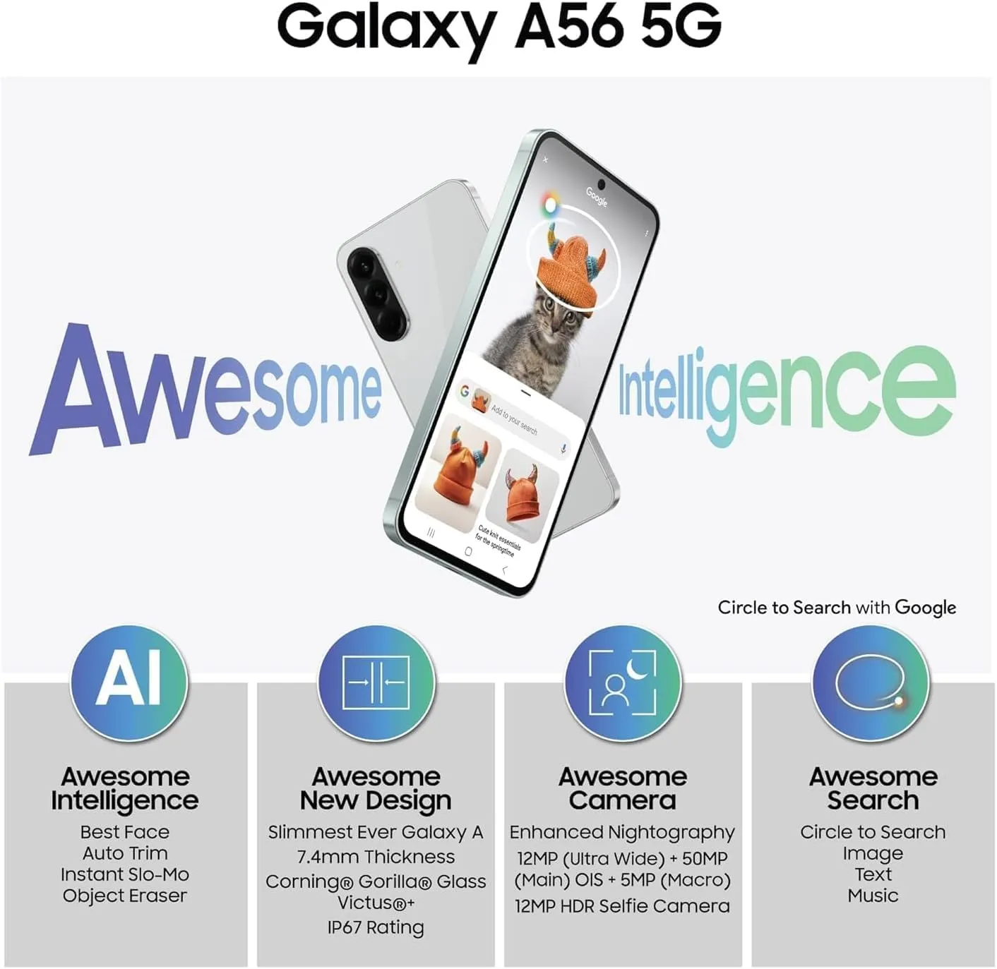 SAMSUNG Galaxy A56 5G Ai (for Tmobile Mint Tello & Global) (256GB   12GB) Version Latina Unlocked SM-A566E/DS 6.6" 120Hz 50MP Triple (Awesome Graphite SM-A566EZADTPA)