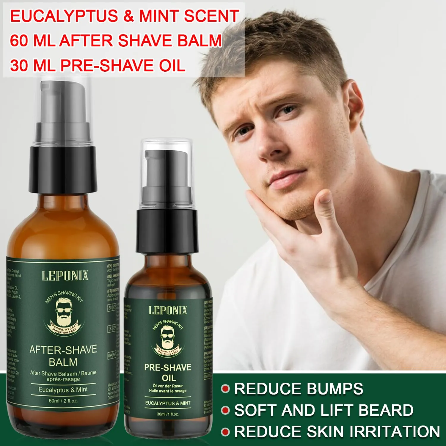 Shaving Kit for Men, Including Eucalyptus & Mint Pre-Shave Oil, After Shave Balm, 2 Packs Shaving Soap, Shaving Brush and Bowl, Beard Bib, Unique Gift for Men Stocking Stuffers