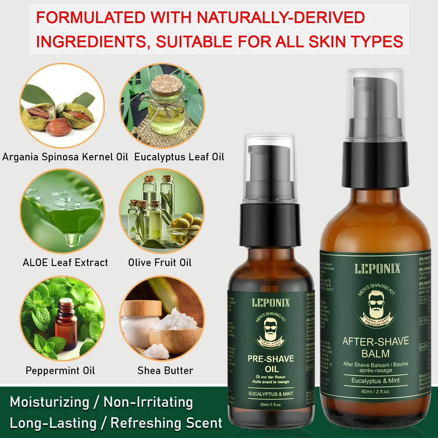 Shaving Kit for Men, Including Eucalyptus & Mint Pre-Shave Oil, After Shave Balm, 2 Packs Shaving Soap, Shaving Brush and Bowl, Beard Bib, Unique Gift for Men Stocking Stuffers