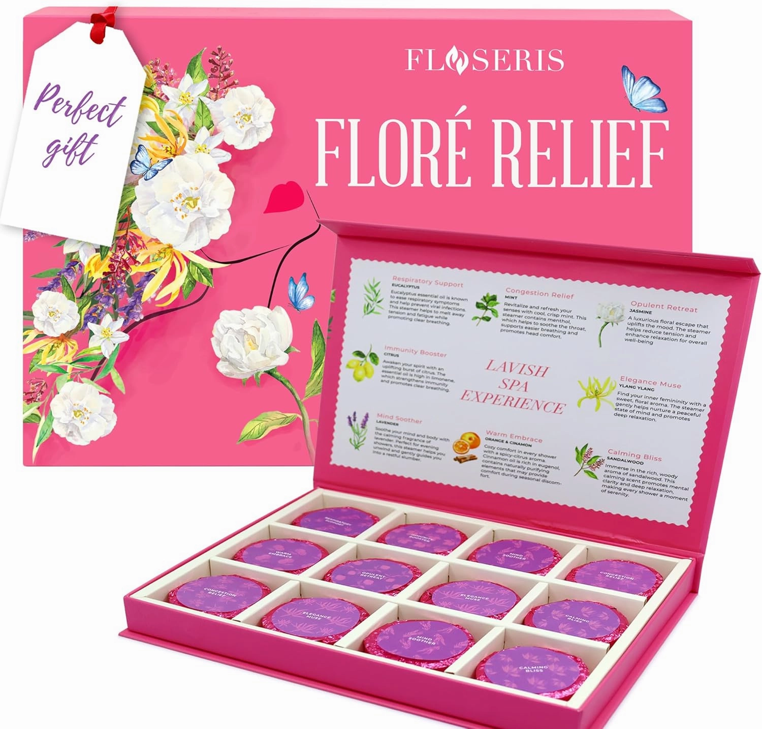 Shower Steamers Aromatherapy FLOSERIS 12 Pack - Gifts for Women, Birthday Gifts for Her Stress Relief Home Spa, Self Care Relaxation Natural Essential Oils