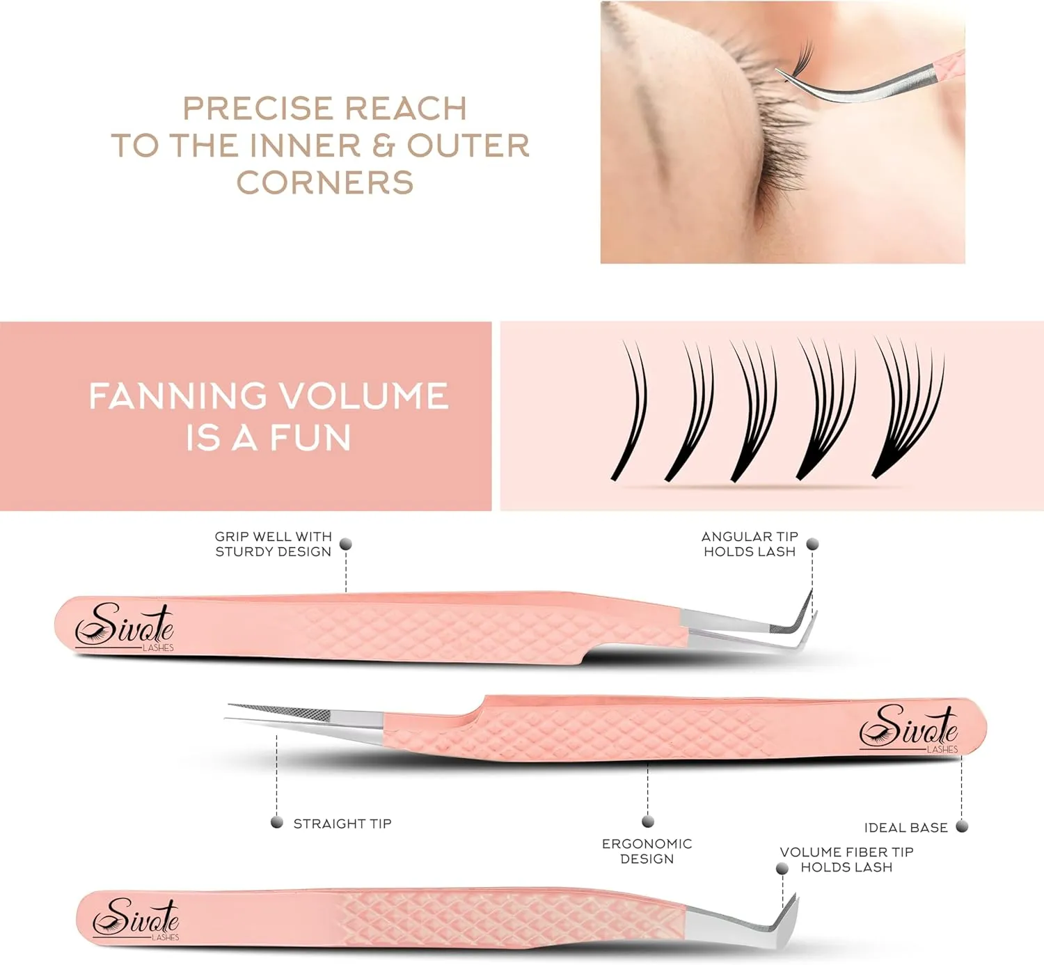 SIVOTE Lash Tweezers for Eyelash Extensions, Pack of 5 Peach – Lash Extension Tweezers Set with Diamond Grip, Precision Fiber Tip for Volume Eyelash Extensions