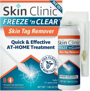 Skin Clinic Freeze 'n Clear Skin Tag Remover - Cryogenic Kit with 8 Precision-Tip Applicators   Tweezers - FDA-Cleared Freezing Skin Tag Treatment Solution for Adults