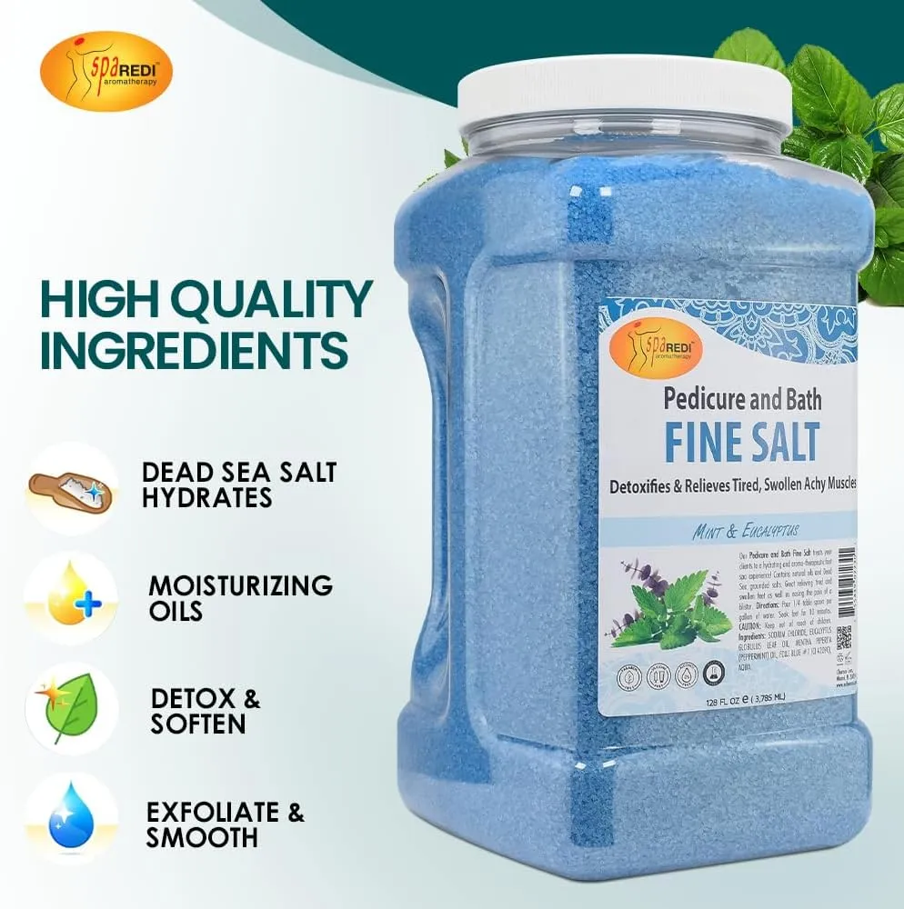 SPA REDI - Detox Foot Soak Pedicure and Bath Fine Salt, Mint and Eucalyptus, 128 Oz - Made with Dead Sea Salts, Argan Oil, Coconut Oil, and Essential Oil - Hydrates, Softens and Moisturizes