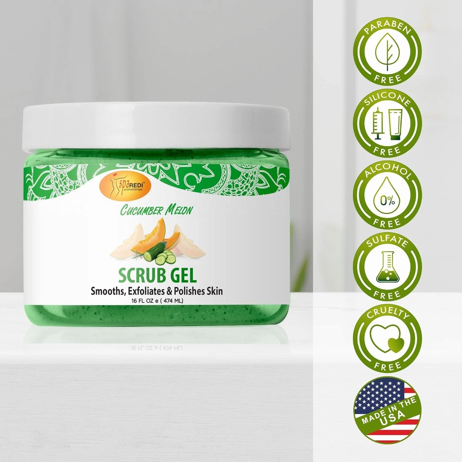 SPA REDI – Exfoliating Scrub Pumice Gel, Cucumber Melon, 16 oz - Manicure, Pedicure and Body Exfoliator Infused with Hyaluronic Acid, Amino Acids, Panthenol and Comfrey Extract