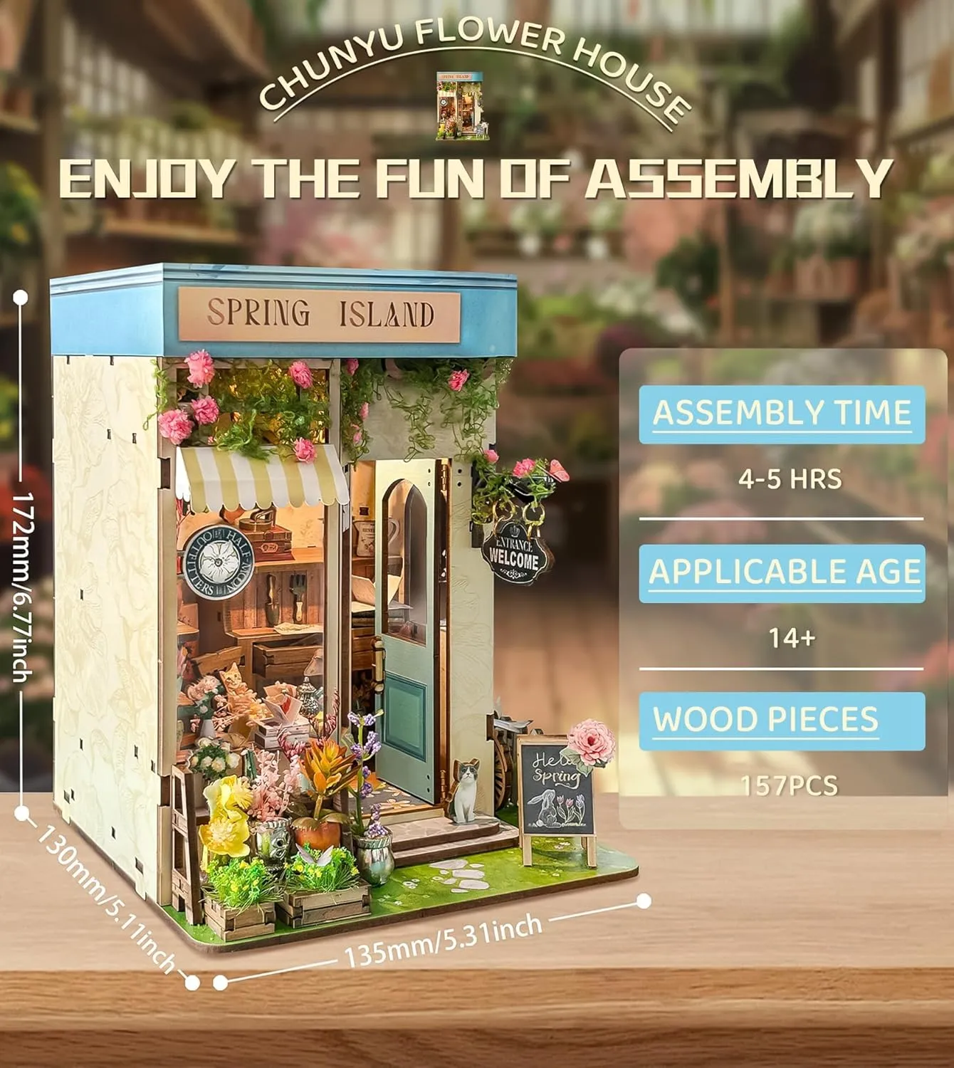 Spilay DIY Book Nook Kit Dollhouse DIY Miniature Wooden Furniture Kit,Mini Handmade Doll House Model, Bookends Model Kit with dust Cover & LED for Teens and Adults Gifts（Florist' S on Spring Lsle）