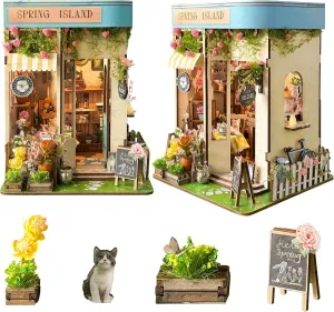Spilay DIY Book Nook Kit Dollhouse DIY Miniature Wooden Furniture Kit,Mini Handmade Doll House Model, Bookends Model Kit with dust Cover & LED for Teens and Adults Gifts（Florist' S on Spring Lsle）