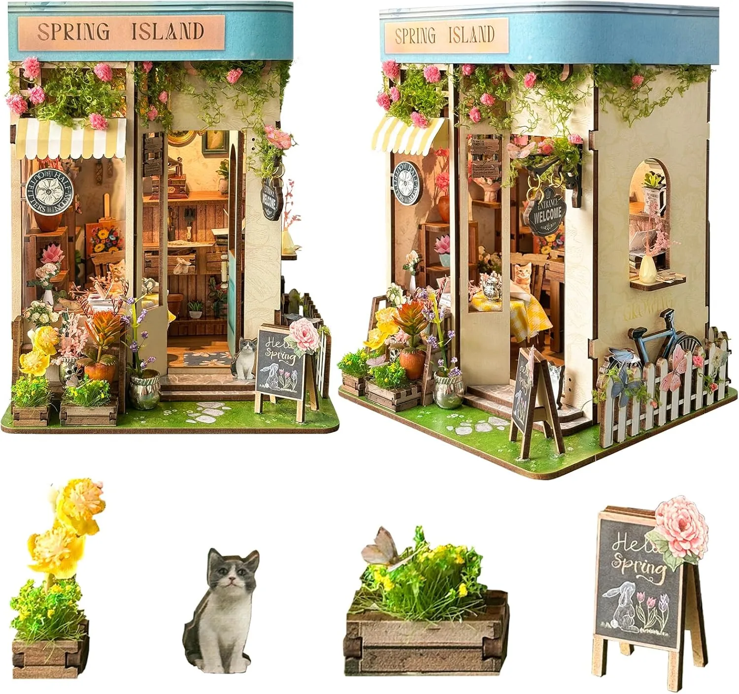 Spilay DIY Book Nook Kit Dollhouse DIY Miniature Wooden Furniture Kit,Mini Handmade Doll House Model, Bookends Model Kit with dust Cover & LED for Teens and Adults Gifts（Florist' S on Spring Lsle）