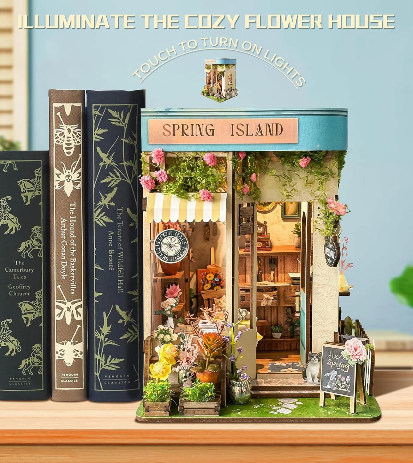 Spilay DIY Book Nook Kit Dollhouse DIY Miniature Wooden Furniture Kit,Mini Handmade Doll House Model, Bookends Model Kit with dust Cover & LED for Teens and Adults Gifts（Florist' S on Spring Lsle）