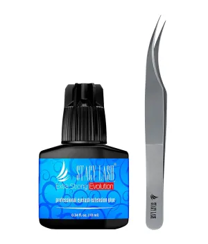 Stacy Lash Extra Strong Evolution Eyelash Extension Glue 10ml & STL-1 Isolation Tweezers for Extensions/Black Adhesive 1-2 Sec Drying Time/Precision Stainless Steel Tool/Professional Supplies