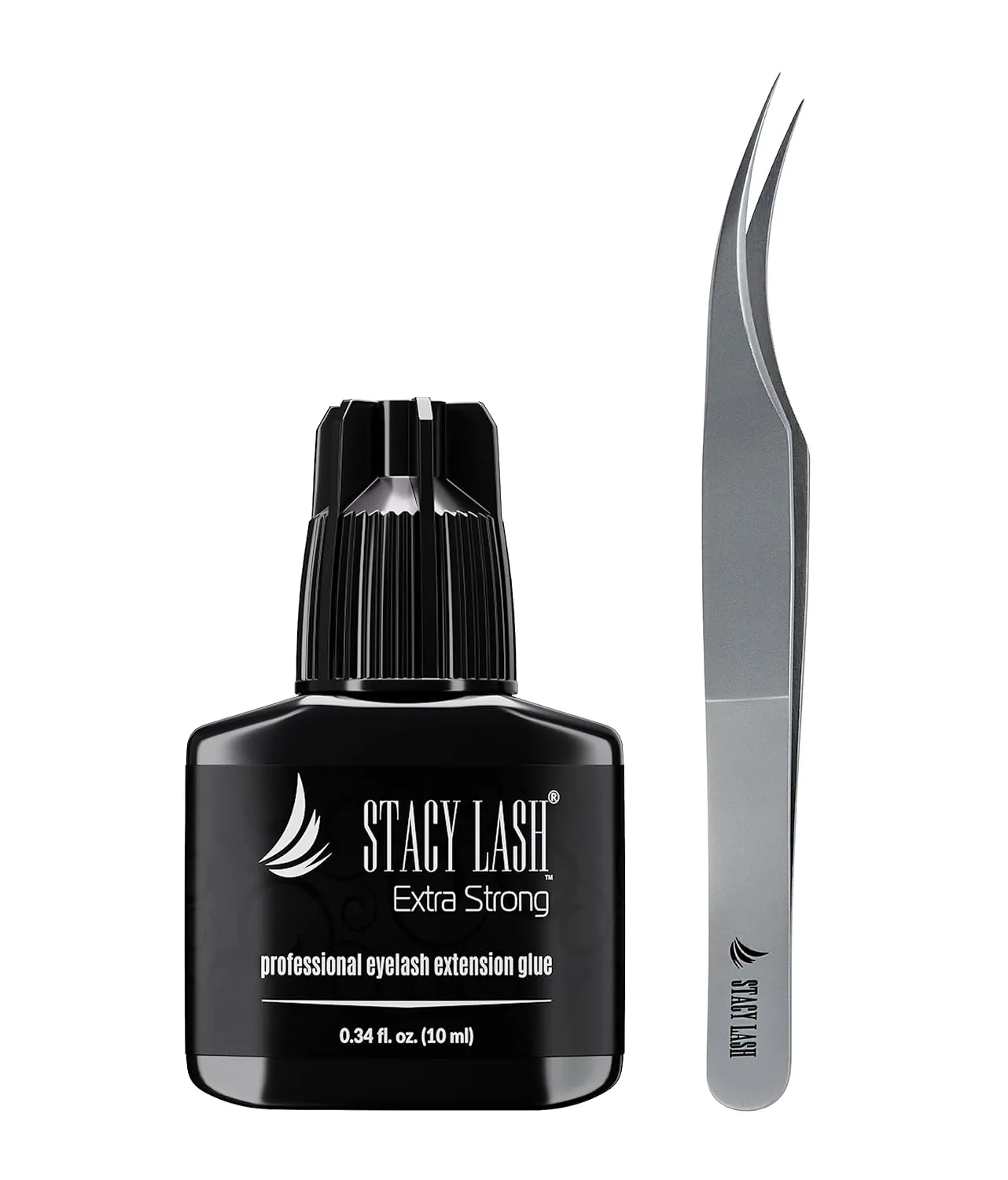Stacy Lash Extra Strong Eyelash Extension Glue 10ml & STL-1 Isolation Tweezers for Extensions/Black Adhesive 1-2Sec Drying Time/Dolphin Tip/Precision Stainless Steel Tool/Professional Supplies