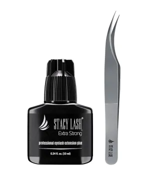 Stacy Lash Extra Strong Eyelash Extension Glue 10ml & STL-1 Isolation Tweezers for Extensions/Black Adhesive 1-2Sec Drying Time/Dolphin Tip/Precision Stainless Steel Tool/Professional Supplies