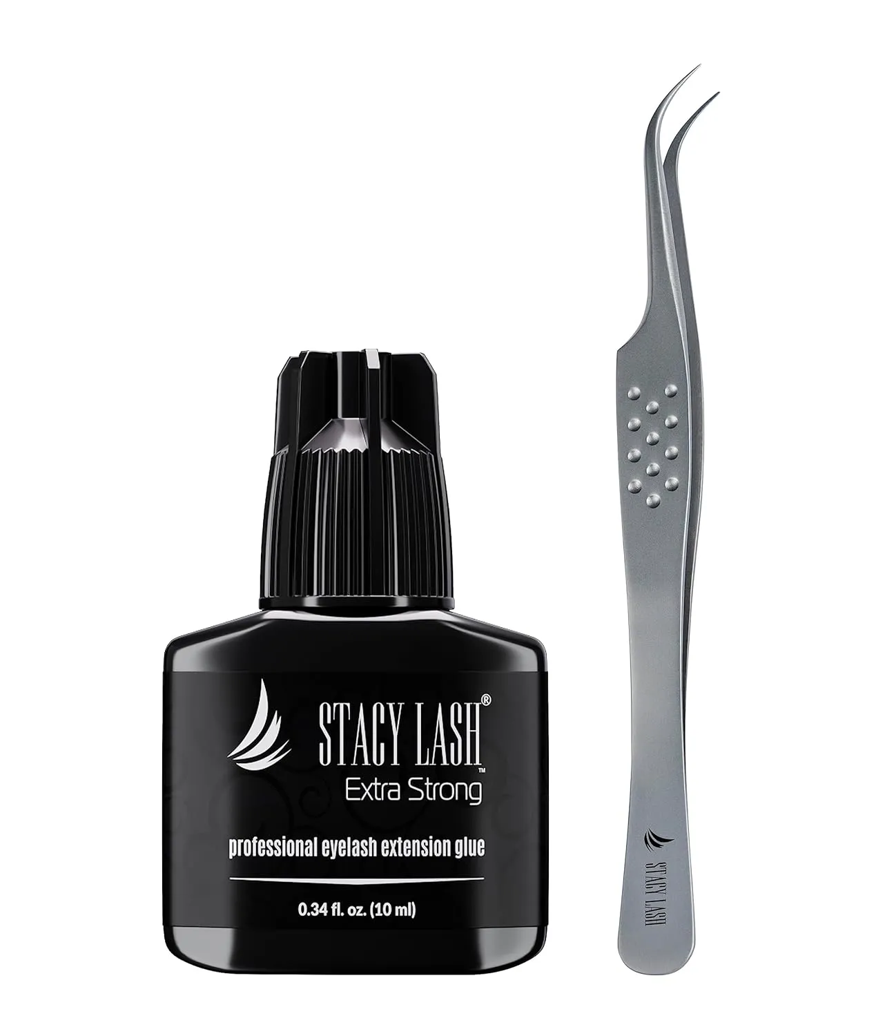 Stacy Lash Extra Strong Eyelash Extension Glue 10ml & STL-10 Curved Tweezers for Extensions/Black Adhesive 0.5-1Sec Drying Time/Angled Tip/Precision Stainless Steel Tool/Professional Supplies