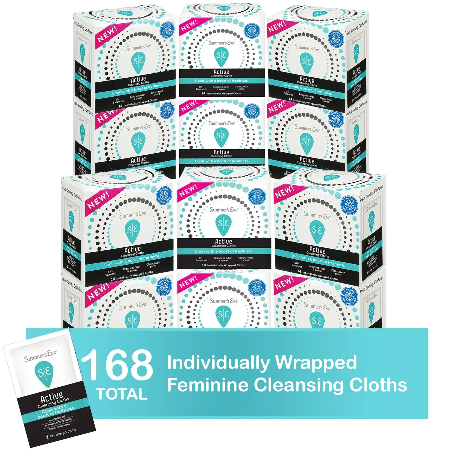 Summer’s Eve Cleansing Cloths, Feminine Wipes, pH Balanced, Removes Odor & Sweat, Clean & Fresh Scent, Active, 14 count (pack of 12)