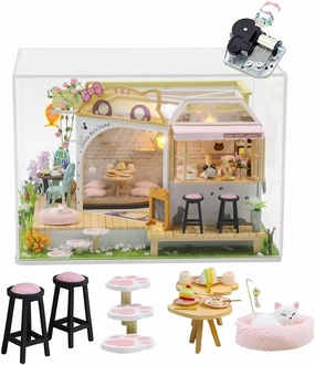 SYW DIY LED Lights Miniature Dollhouse Kit Cat Coffee Doll House Model Wooden Furniture for Christmas 's Day Creative Gifts with Dust Cover and Music （Cat Coffee Shop ）