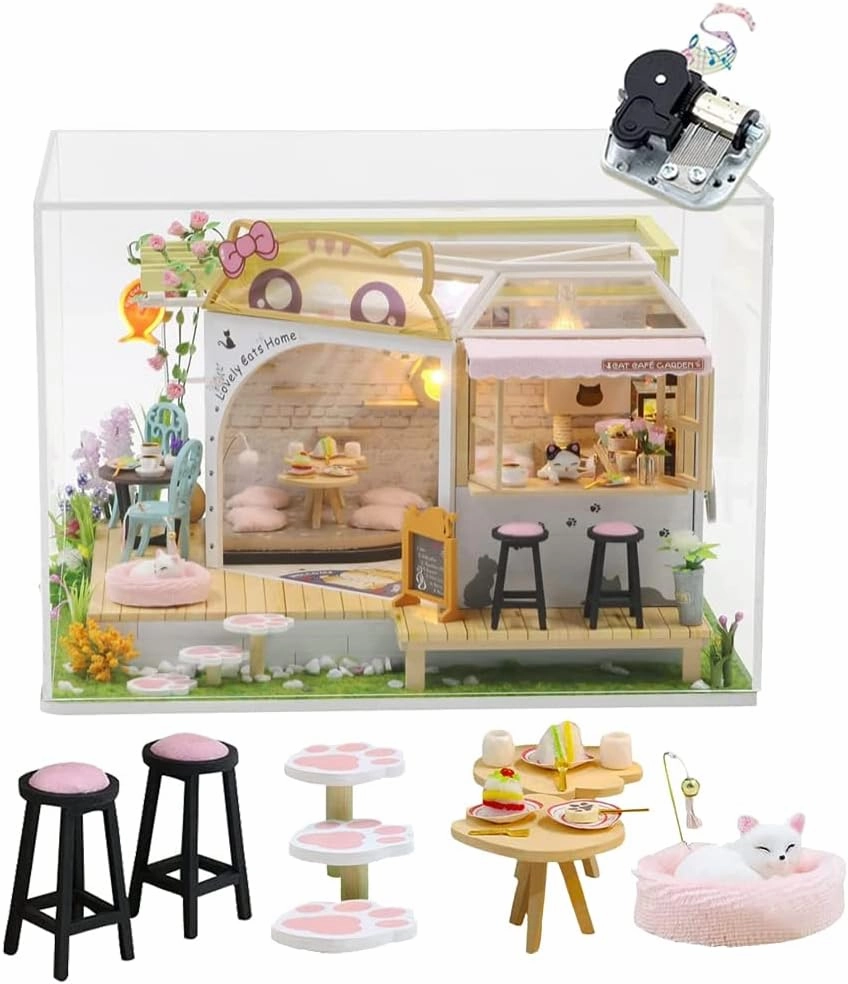 SYW DIY LED Lights Miniature Dollhouse Kit Cat Coffee Doll House Model Wooden Furniture for Christmas 's Day Creative Gifts with Dust Cover and Music （Cat Coffee Shop ）