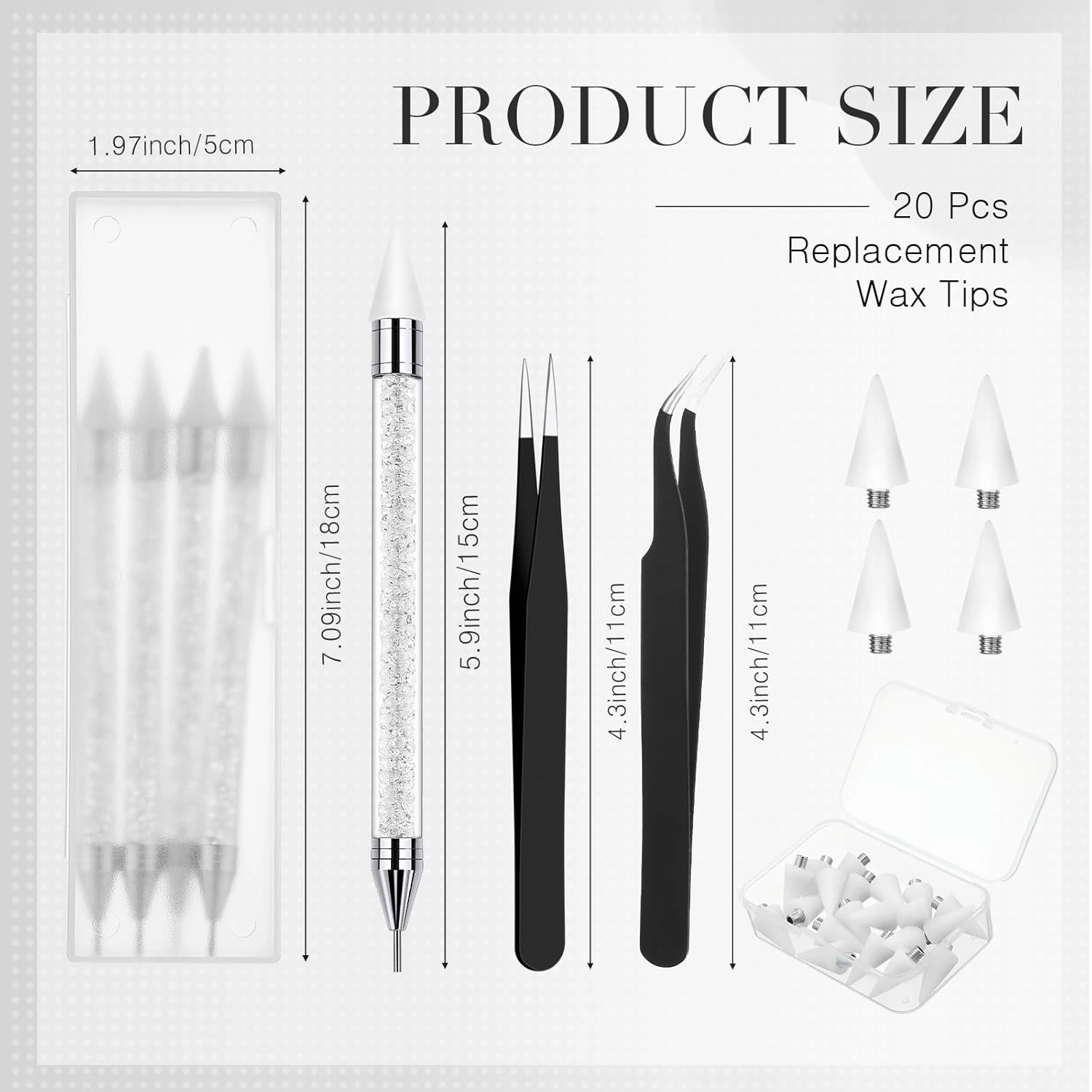 Tatuo 4 Pcs Rhinestone Picker Tool Dotting Pen Dual-ended Handle Rhinestones Applicator Gems Crystals Beads Picker Wax Pencil Pen with 20 Wax Head and 2 Tweezers for DIY Nail Art Tool(White, Black)