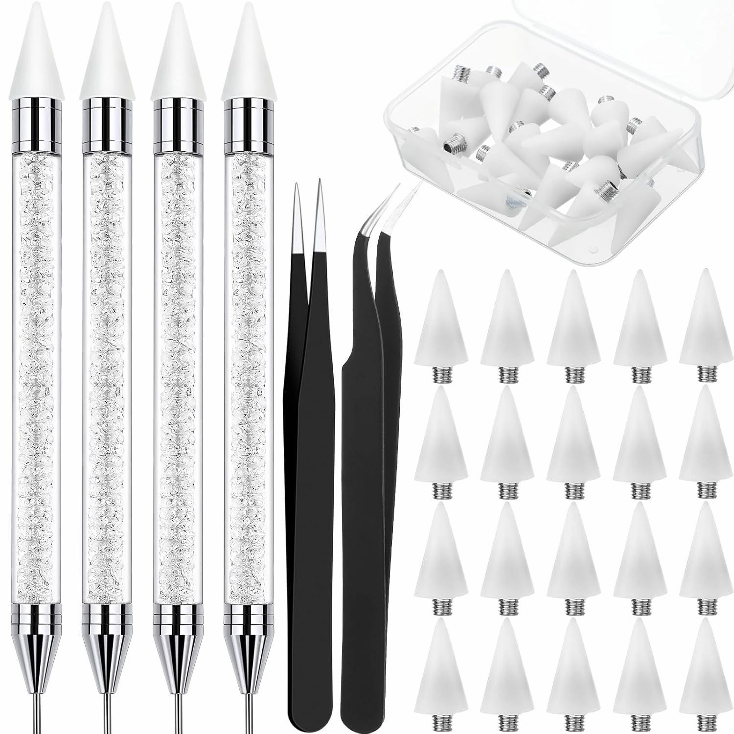 Tatuo 4 Pcs Rhinestone Picker Tool Dotting Pen Dual-ended Handle Rhinestones Applicator Gems Crystals Beads Picker Wax Pencil Pen with 20 Wax Head and 2 Tweezers for DIY Nail Art Tool(White, Black)