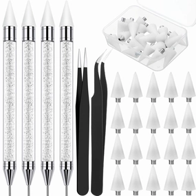 Tatuo 4 Pcs Rhinestone Picker Tool Dotting Pen Dual-ended Handle Rhinestones Applicator Gems Crystals Beads Picker Wax Pencil Pen with 20 Wax Head and 2 Tweezers for DIY Nail Art Tool(White, Black)