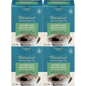 Teeccino Dandelion Mocha Mint Tea - Caffeine Free, Roasted Herbal Tea with Prebiotics, 3x More Herbs than Regular Tea Bags, Gluten Free - 10 Tea Bags (Pack of 4)