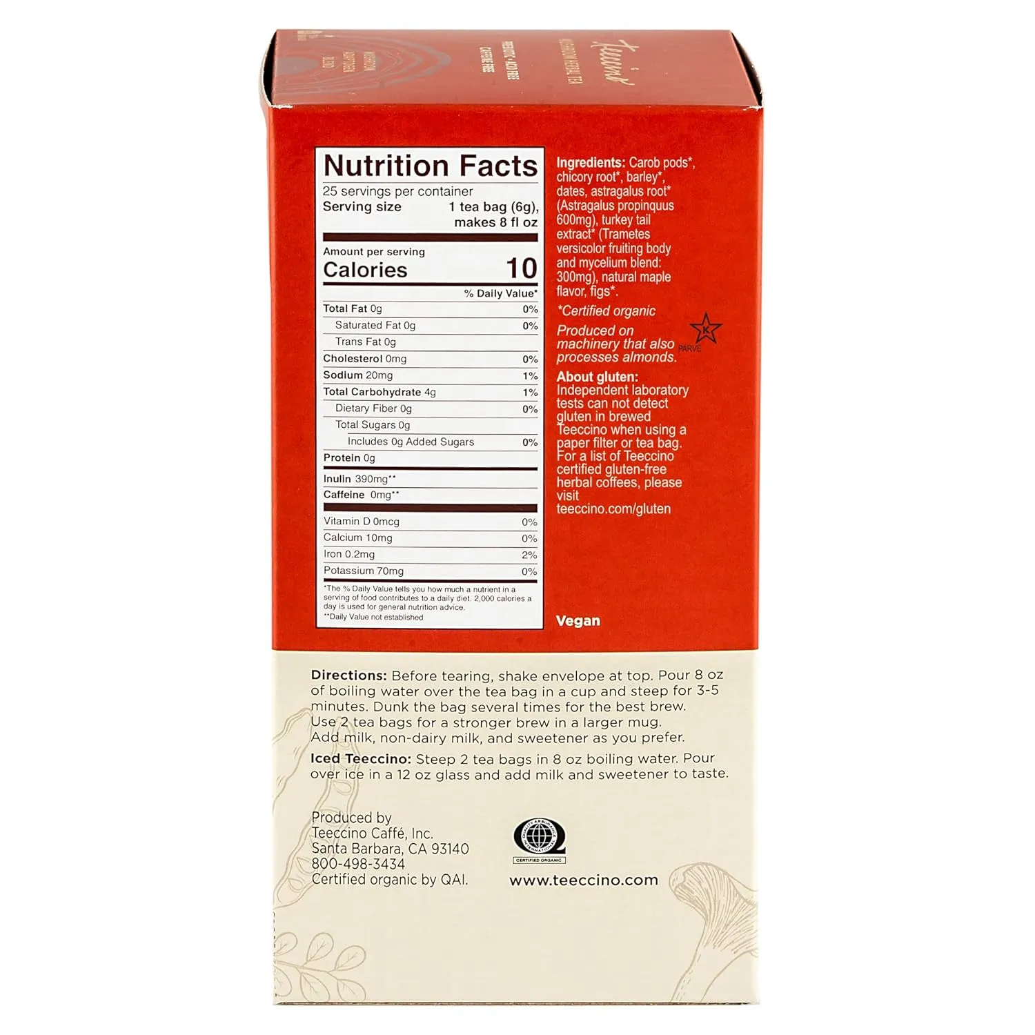 Teeccino Mushroom Herbal Tea - Turkey Tail Astragalus Toasted Maple - Caffeine Free, Prebiotic, 3x More Herbs - 25 Tea Bags