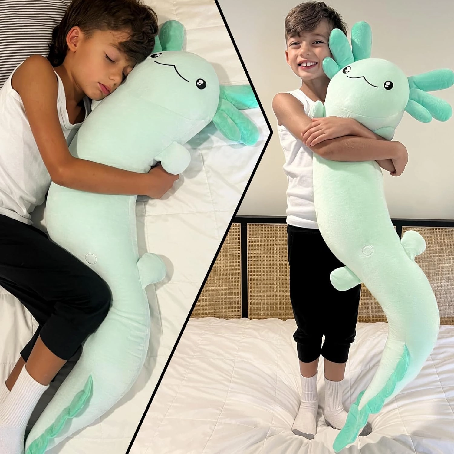 Tezituor Giant Axolotl Stuffed Animal 48 inch Long Plush Pillow for Kids Body Pillow for Girls 6-12, Gifts for Axolotl Lovers, Adults, Mint Green, Glow in The Dark