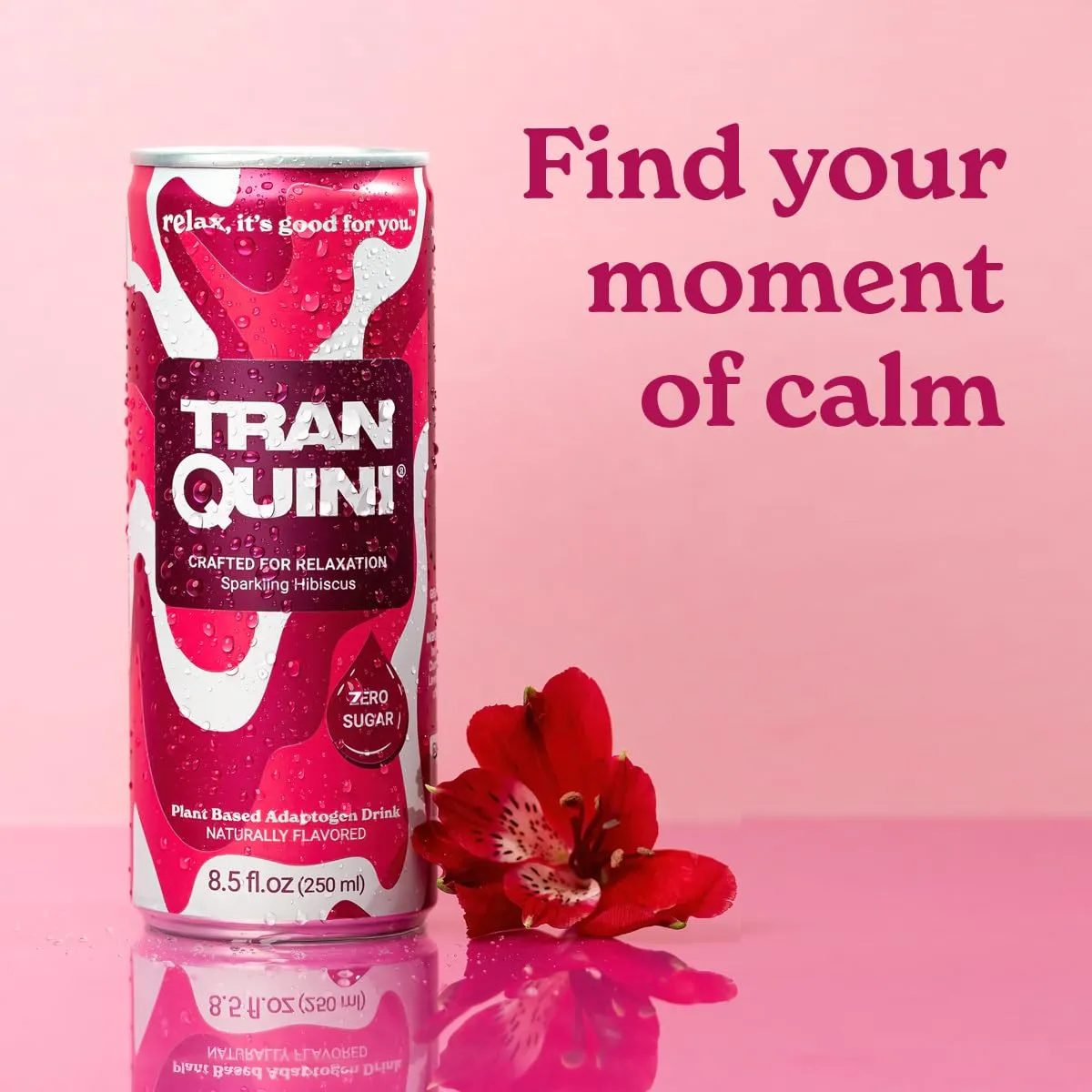 Tranquini Adaptogen Drink, Sparkling Water, Ashwagandha, Gluten & Sugar Free, Calming Non Alcoholic Drinks with L Theanine, Lemon Balm & Chamomile for Stress Support - Hibiscus, 8.5 Fl Oz (Pack of 12)