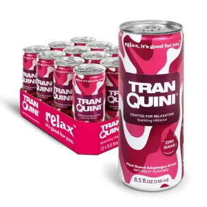 Tranquini Adaptogen Drink, Sparkling Water, Ashwagandha, Gluten & Sugar Free, Calming Non Alcoholic Drinks with L Theanine, Lemon Balm & Chamomile for Stress Support - Hibiscus, 8.5 Fl Oz (Pack of 12)