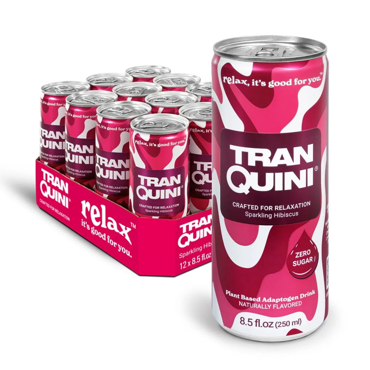 Tranquini Adaptogen Drink, Sparkling Water, Ashwagandha, Gluten & Sugar Free, Calming Non Alcoholic Drinks with L Theanine, Lemon Balm & Chamomile for Stress Support - Hibiscus, 8.5 Fl Oz (Pack of 12)