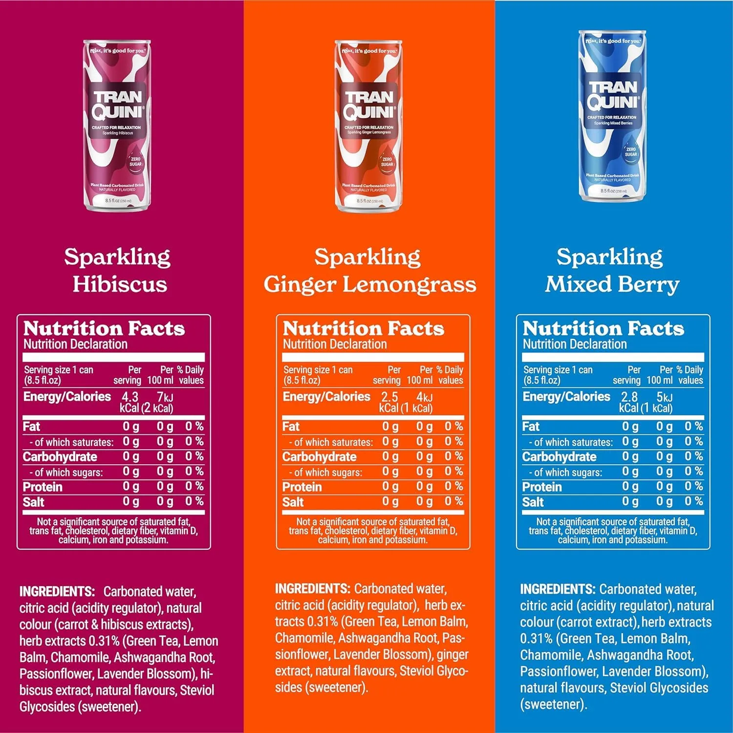 Tranquini Calming Drink with Herbal Adaptogens, Non-Alcoholic, Sparkling Water, Sugar & Gluten Free, Ashwagandha with L Theanine, Vegan