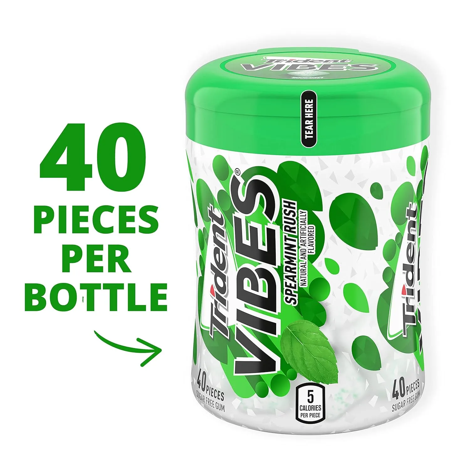 Trident Vibes Spearmint Rush Sugar Free Gum, 6 Bottles of 40 Pieces (240 Total Pieces)